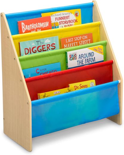 Sling Book Rack Bookshelf, 4-Tier Wooden Shelf with Soft Fabric Pockets