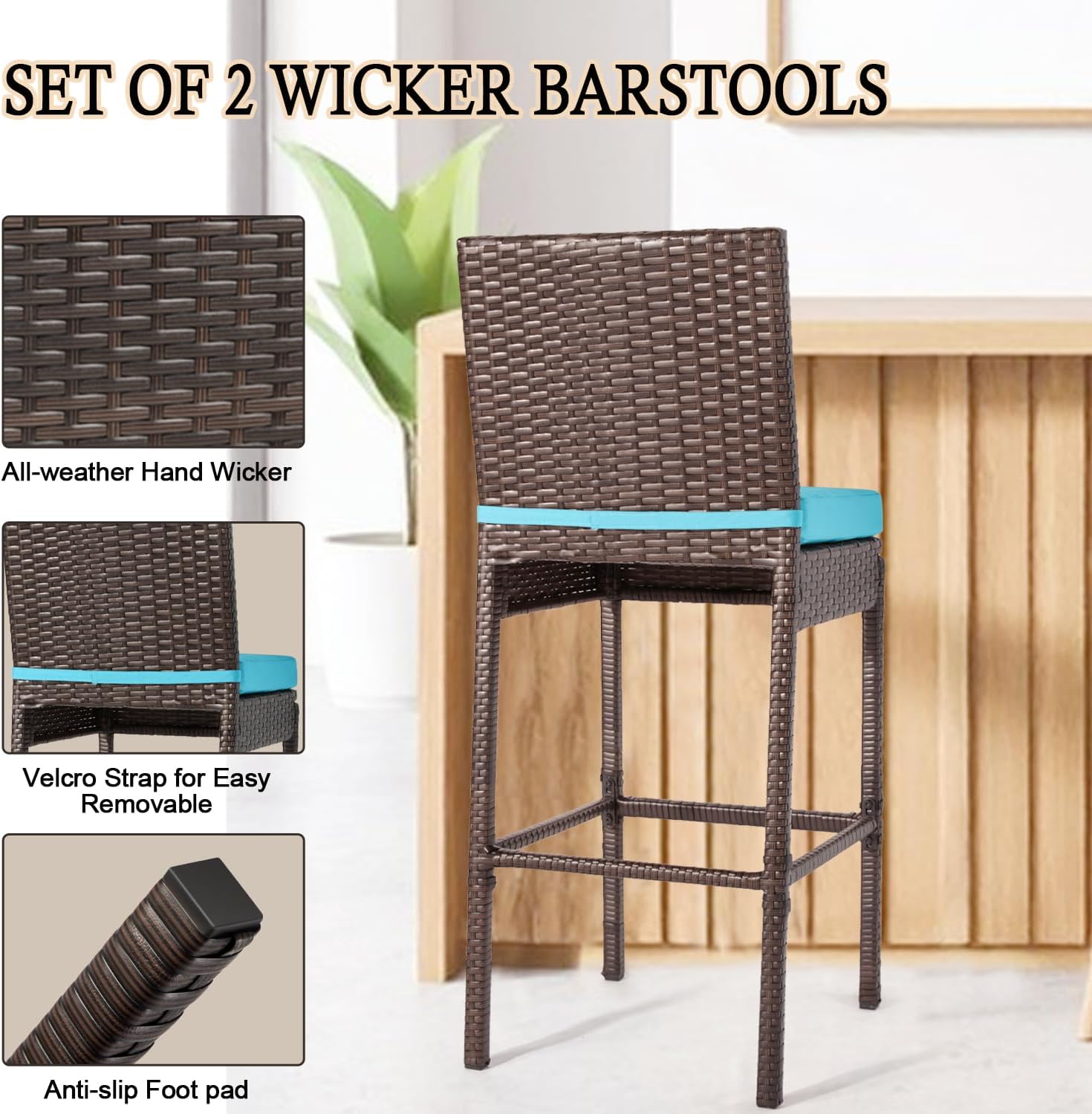 Outdoor Wicker Bar Stool Set of 2,30'' Seat Height Patio Counter Height Bar Chairs