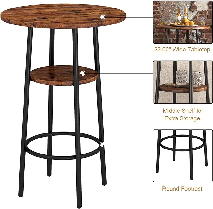 3-Piece Bar Table Set for 2, Small 2-Tier Round Bistro Pub Dining Table & PU Upholstered Stools with Backrest