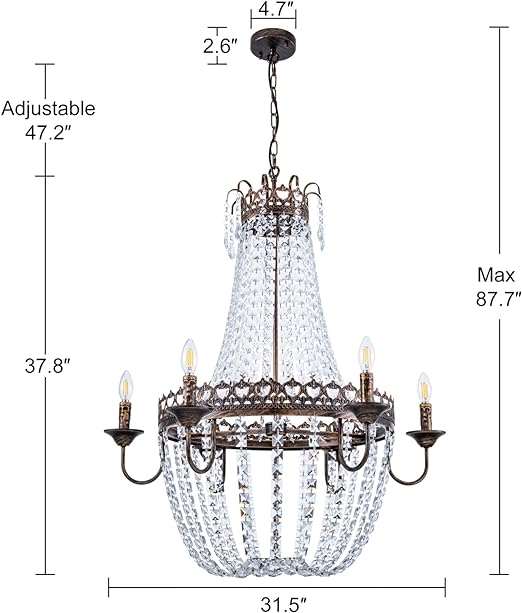 French Empire Crystal Chandelier, 6-Light Farmhouse Antique Bronze Chandelier, Hanging Ceiling Mount Light Fixture for Dining Living Room, Bedroom, Bathroom, Kitchen Island, Hallway, 31.5" W