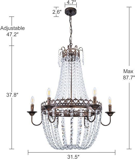 French Empire Crystal Chandelier, 6-Light Farmhouse Antique Bronze Chandelier, Hanging Ceiling Mount Light Fixture for Dining Living Room, Bedroom, Bathroom, Kitchen Island, Hallway, 31.5" W