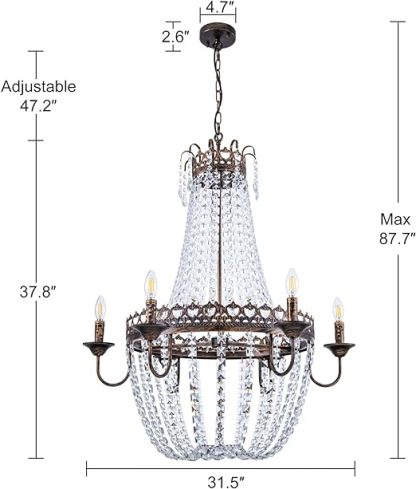 French Empire Crystal Chandelier, 6-Light Farmhouse Antique Bronze Chandelier, Hanging Ceiling Mount Light Fixture for Dining Living Room, Bedroom, Bathroom, Kitchen Island, Hallway, 31.5" W