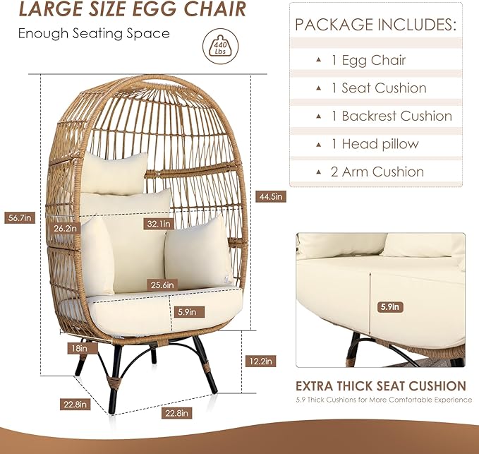 Oversized Wicker Egg Chair Hand-Woven Stable and Sturdy 440 lbs. Load