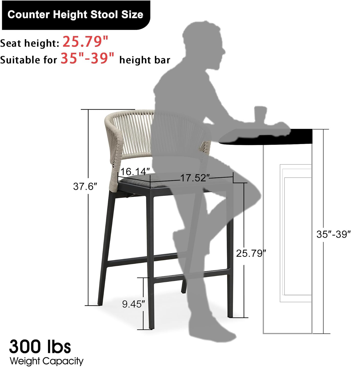 Counter Height Bar Stool Set of 2 Modern Aluminum Rattan Wicker Outdoor Barstools