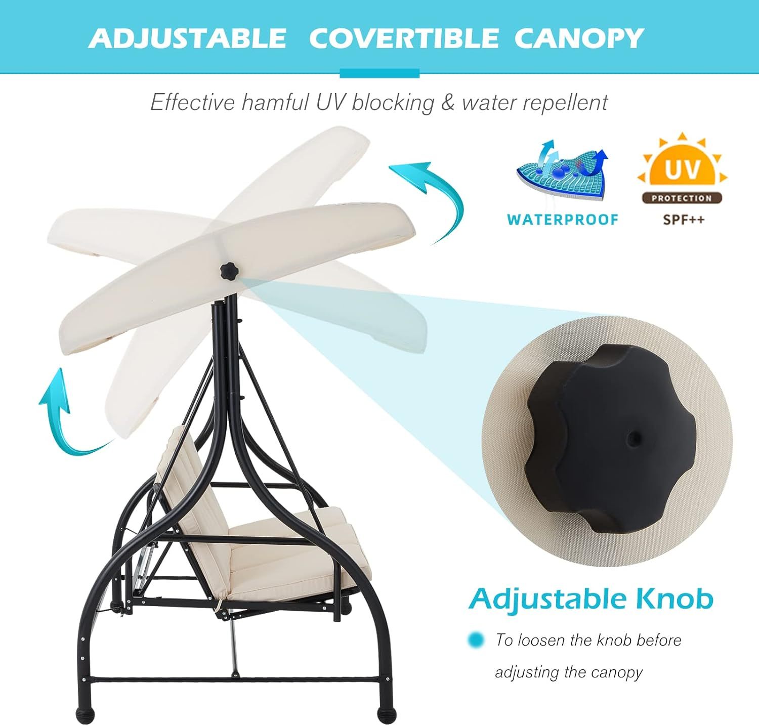 3-Seat Outdoor Patio Swing Chair, Converting Swing Glider Canopy Hammock w/Adjustable Backrest and Canopy, Removable Cushions for Porch, Backyard, Poolside, Beige