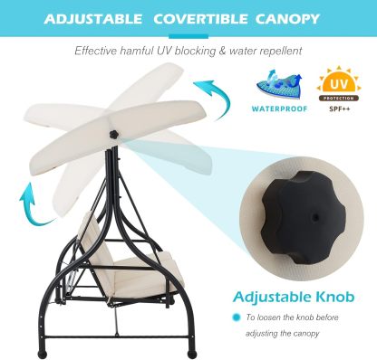3-Seat Outdoor Patio Swing Chair, Converting Swing Glider Canopy Hammock w/Adjustable Backrest and Canopy, Removable Cushions for Porch, Backyard, Poolside, Beige