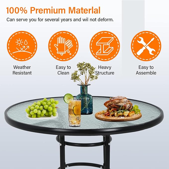Outdoor Table Patio Table Dining Table with Tempered Glass Umbrella Hole