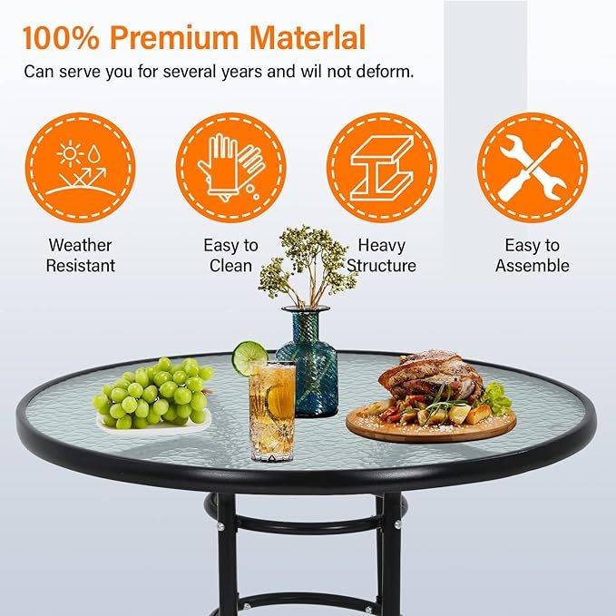 Outdoor Table Patio Table Dining Table with Tempered Glass Umbrella Hole