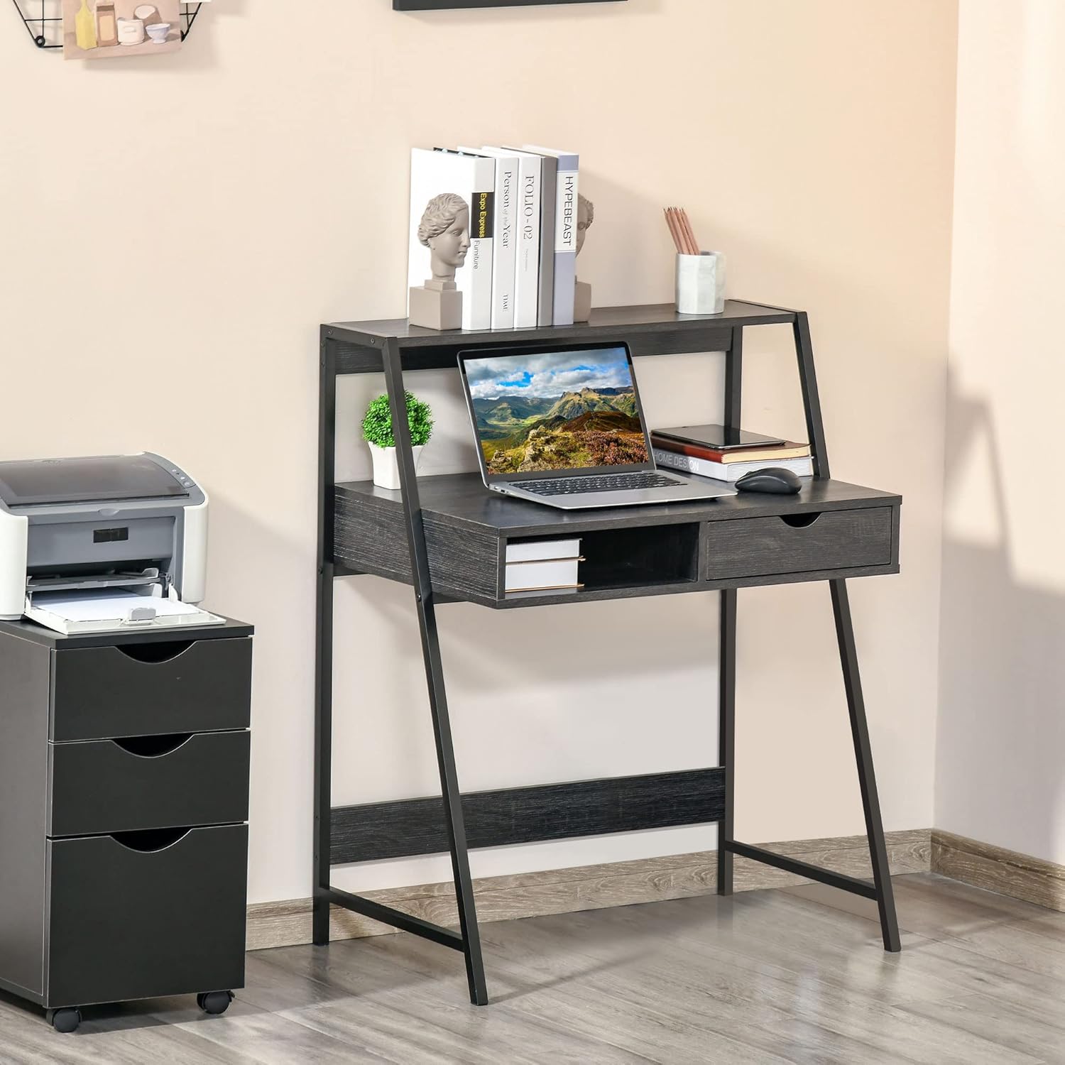 Computer Desk with A Frame for Small Spaces, Writing Table with Drawer and Storage Shelves