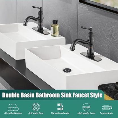 Oil Rubbed Bronze Bathroom Sink Faucet 1 Hole Single Handle Vanity Mixer Tap Deck Mount Lavatory Pop Up Drain with Overflow Included Commercial Bathroom Faucet Single Handle Bathroom Sink Faucet