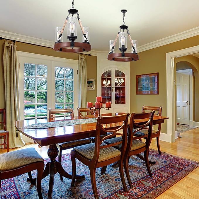 Farmhouse Chandelier, Wood Wagon Wheel Chandelier with Seeded Glass Shade, Hanging Rustic Round 3 Lights Ceiling Pendant Lighting