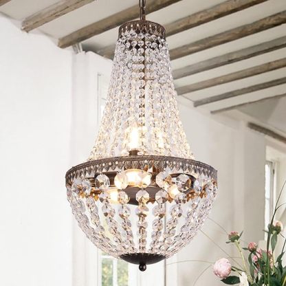 6 Lights French Empire Crystal Chandelier, 13 Inch Farmhouse Pendant Chandeliers Lighting, Adjustable Antique Bronze Ceiling Light