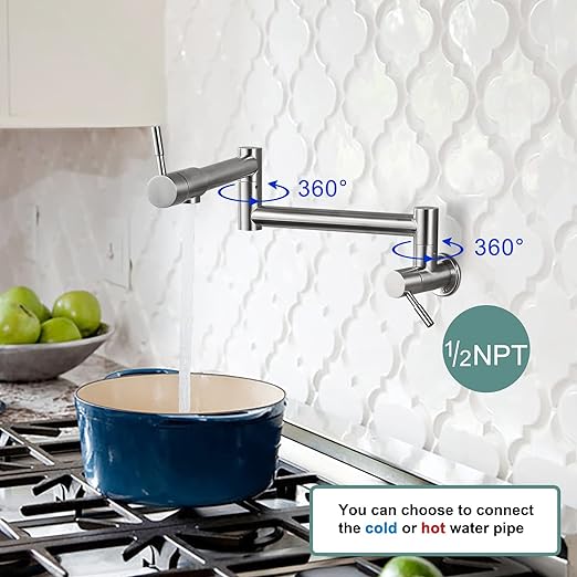 19" Pot Filler Brushed Nickel Wall Mounted Folding Stretchable Kitchen Restaurant Faucet with Double Joint Swing Arm Single Hole Two Handles Commercial NPT Stainless Steel Stove Tap