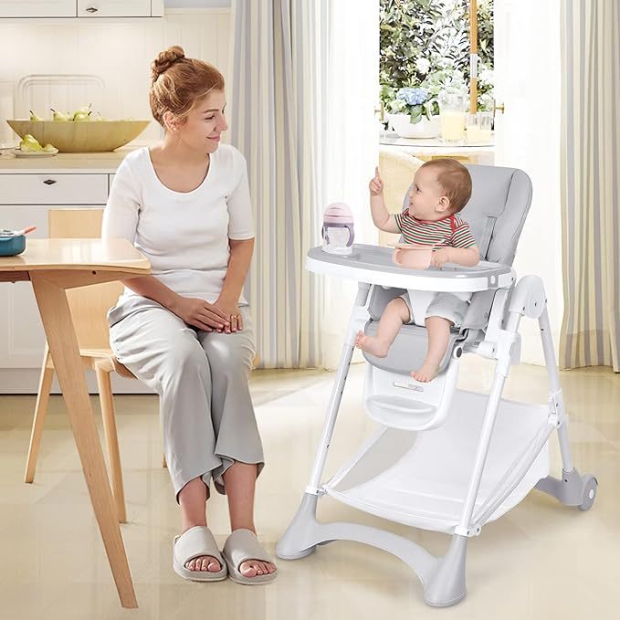 Foldable Highchair for Babies and Toddlers, Detachable Trays & PU Leather Seat Cushion