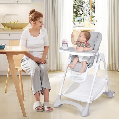 Foldable Highchair for Babies and Toddlers, Detachable Trays & PU Leather Seat Cushion