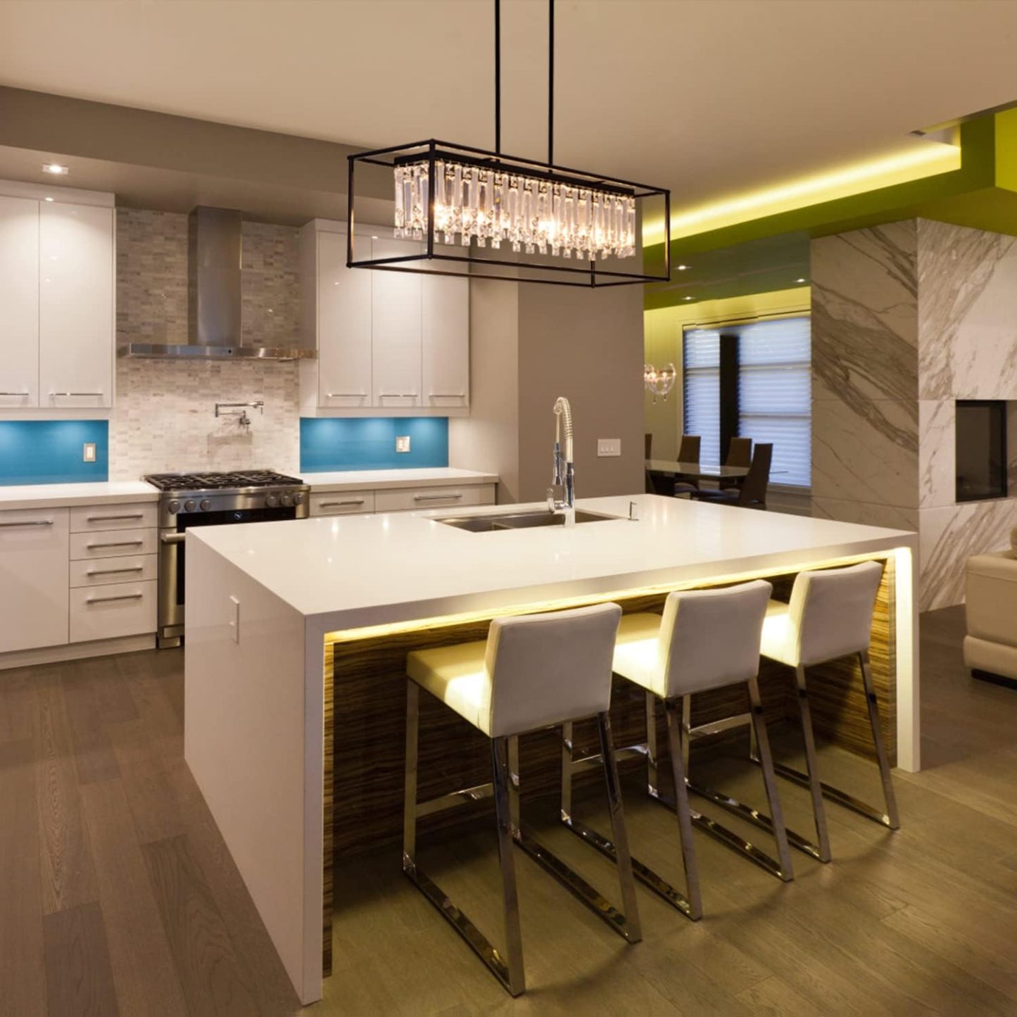 Farmhouse Chandelier for Kitchen Island Light with K9 Crystal, Black Rectangle Dining Room Lighting Fixtures Hanging