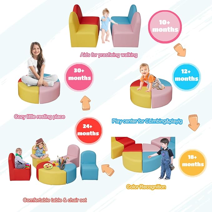 Kids Sofa Seating Set Convert to Table and 4 Chairs Colorful Stools