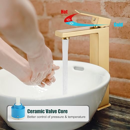 Brushed Gold Restroom Faucet,Bathroom Vessel Sink Faucet Single Handle Basin Bowl Tap SUS304 Stainless Steel Tall Body 1 Hole Lavatory Vanity Mixer Bar Tap with Pop Up Drain