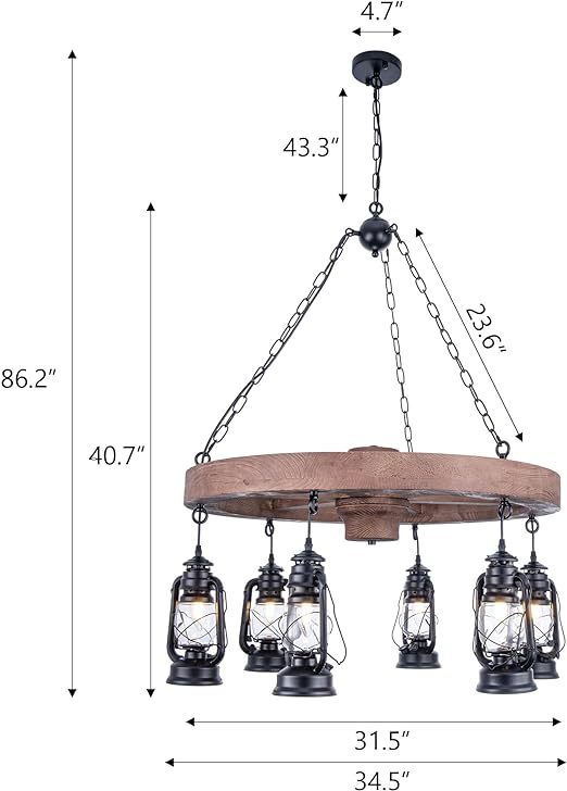 Western Wagon Wheel Chandelier with Antique Rustic Lanterns, Farmhouse Chandeliers for Dining Room