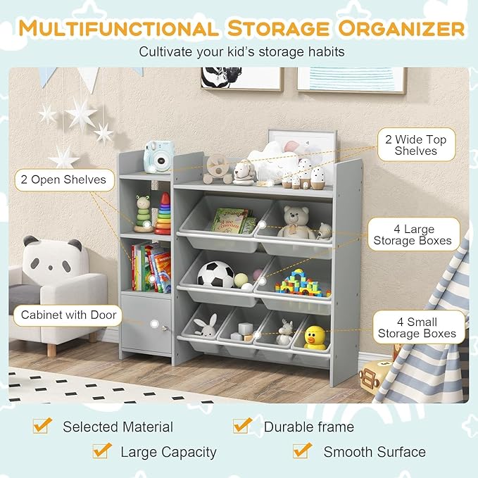 4-Tier Kids Toy Storage Organizer, Kids Shelf & Toy Rack with 8 Removable Storage Organizer