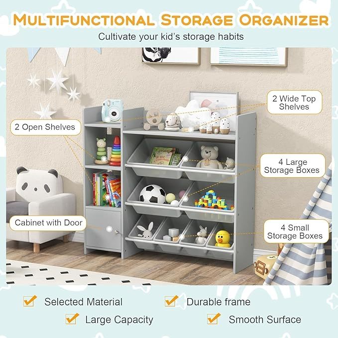 4-Tier Kids Toy Storage Organizer, Kids Shelf & Toy Rack with 8 Removable Storage Organizer
