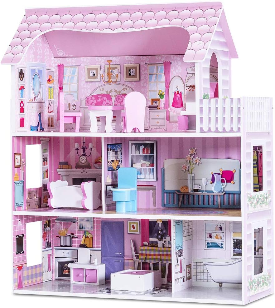 Dollhouse with 8 Pcs Furniture, 3-Level Wooden Dream Doll House