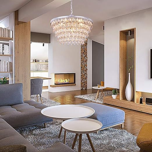 20 Inch Crystal Chandeliers, 6 Lights 5 Tiers Crystal Light, Adjustable Ceiling Pendant Lights, Modern Hanging Chandelier Lighting Fixture for Dining Room, Bedroom, Hallway, Bar, Kitchen, Bath