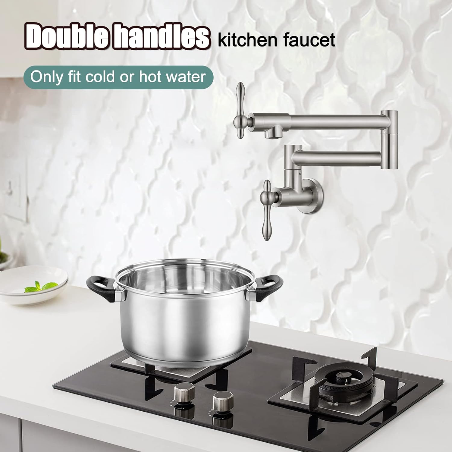 Pot Filler Faucet Stainless Steel SUS304 Brushed Nickel Double Joint Spout Stretchable Swing Arm with Single Hole 19 Inch Two Handles Wall Mounted Commercial Kitchen Faucet