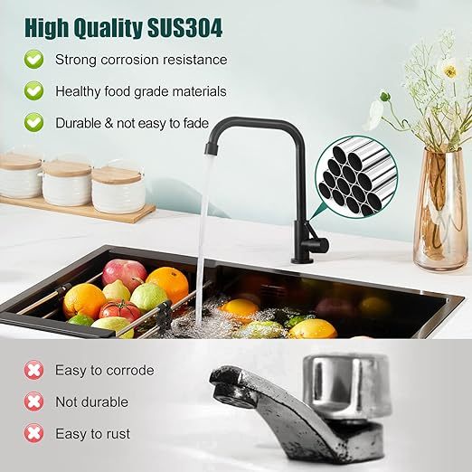 Matte Black Faucet Cold Water OnlySingle Lever Handle SUS304 Sink Bar Tap 360 Degree Swivel Spout Decked Mounted Longer Thread Pipe