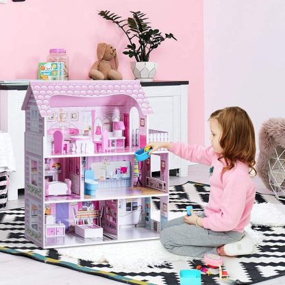 Dollhouse with 8 Pcs Furniture, 3-Level Wooden Dream Doll House