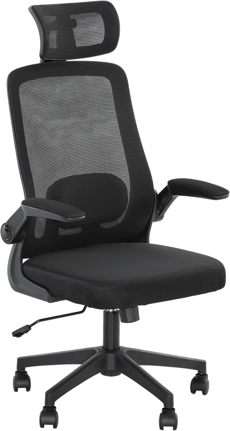 Ergonomic Office Chair, High Back Desk Chair with Flip-up Armrest, Rotatable Headrest, Tilt Function, Adjustable Lumbar Support