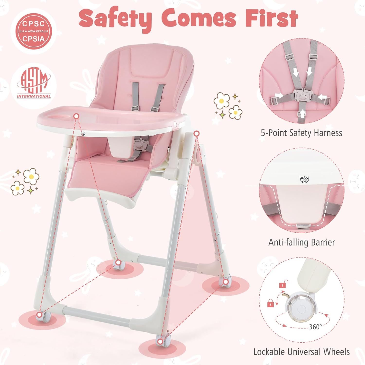 High Chair with Wheels, Foldable Highchair for Babies and Toddlers