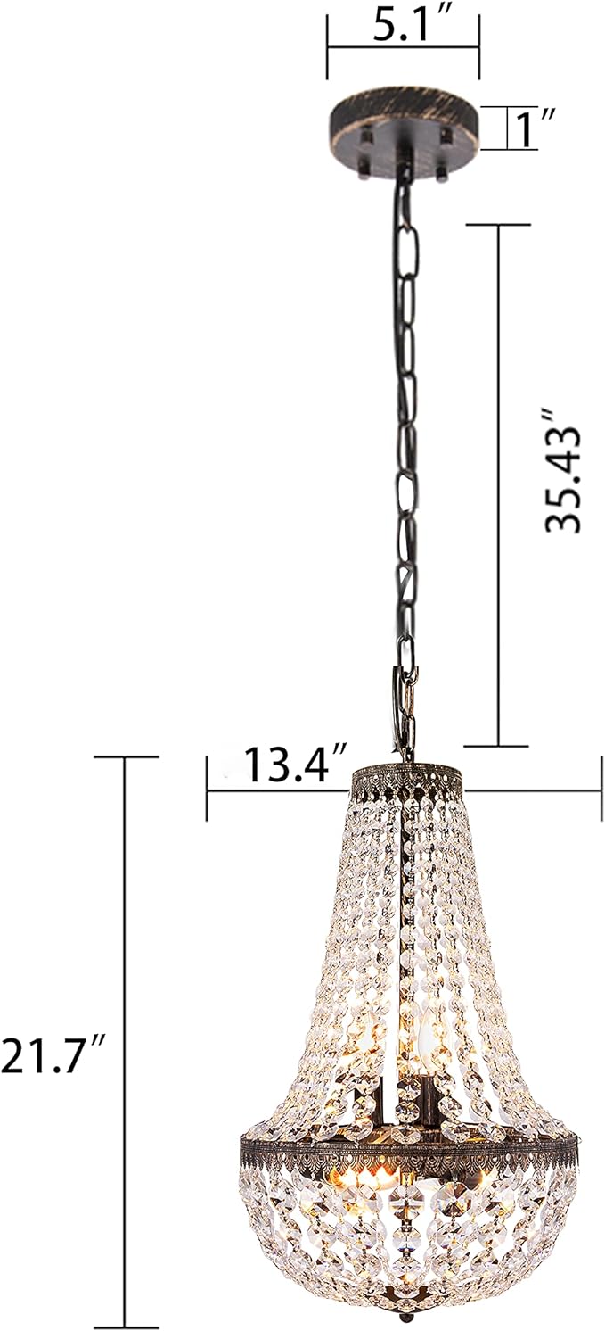 6 Lights French Empire Crystal Chandelier, 13 Inch Farmhouse Pendant Chandeliers Lighting, Adjustable Antique Bronze Ceiling Light