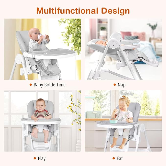Foldable Highchair for Babies and Toddlers, Detachable Trays & PU Leather Seat Cushion
