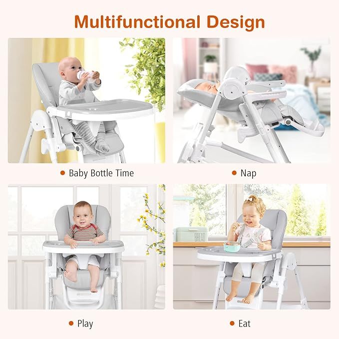 Foldable Highchair for Babies and Toddlers, Detachable Trays & PU Leather Seat Cushion