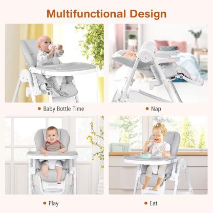 Foldable Highchair for Babies and Toddlers, Detachable Trays & PU Leather Seat Cushion