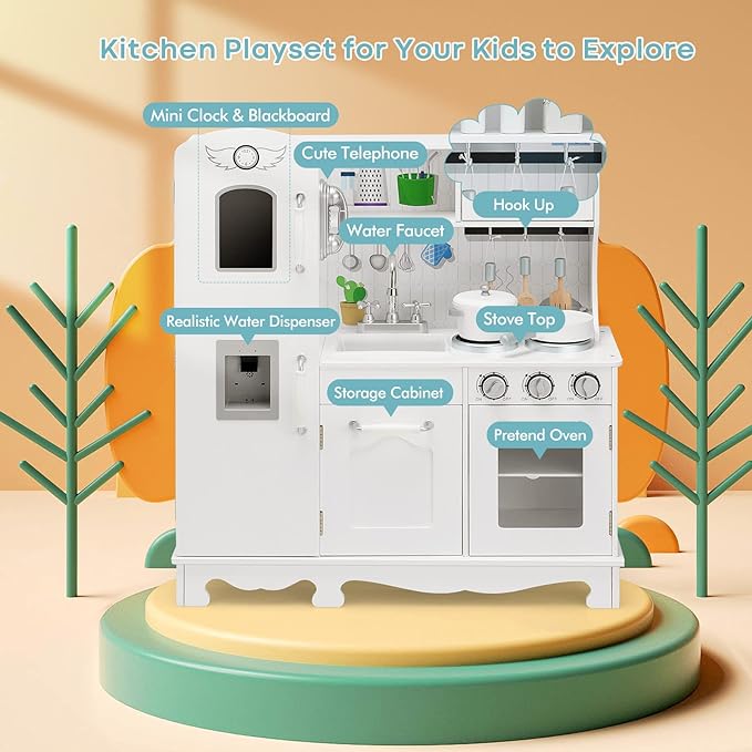 Kids Kitchen Playset, Wooden Pretend Play Kitchen for Toddlers