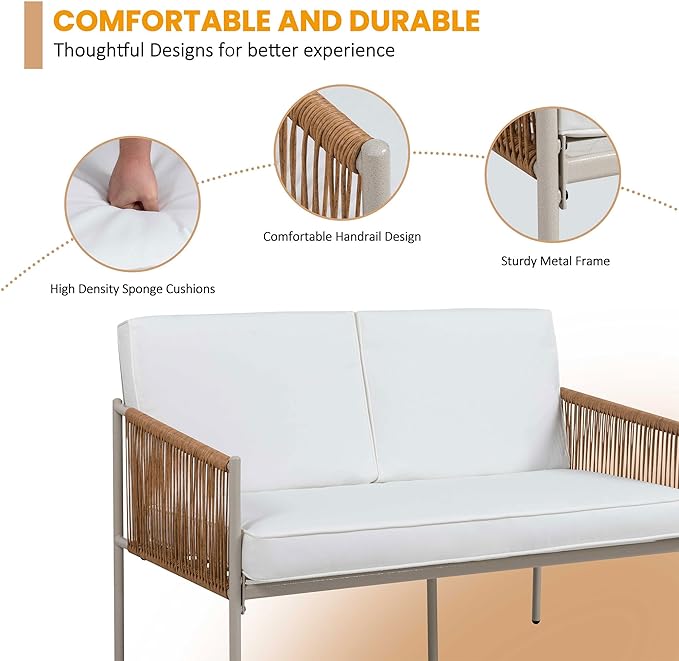 5 Piece Wicker Outdoor Patio Furniture Set, White Metal Sofa Conversation Set