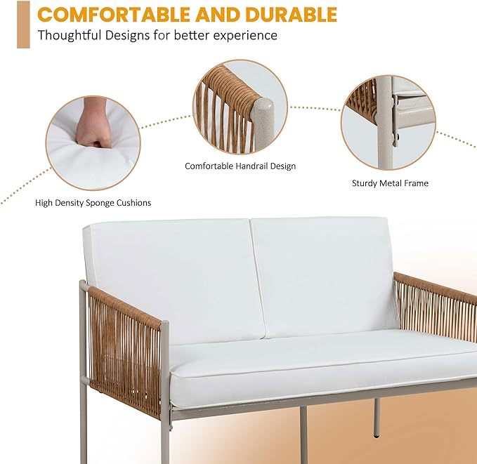 5 Piece Wicker Outdoor Patio Furniture Set, White Metal Sofa Conversation Set