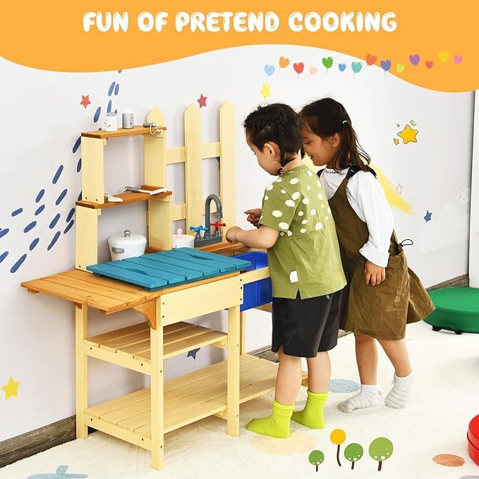 Indoor Outdoor Wooden Pretend Play Toy Kitchen with Removable Sink