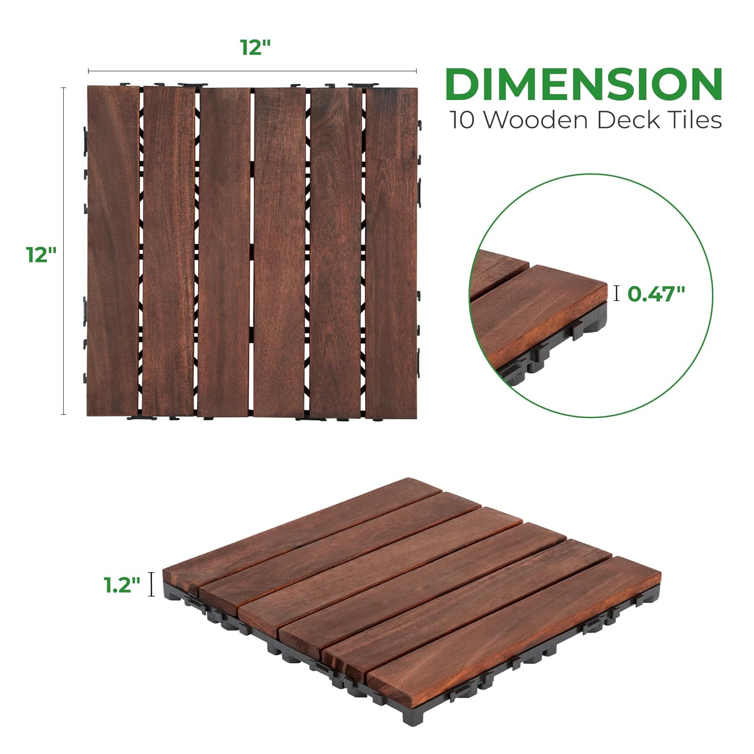 10Pcs Acacia Interlocking Tiles Patio 12"x12"x0.94"