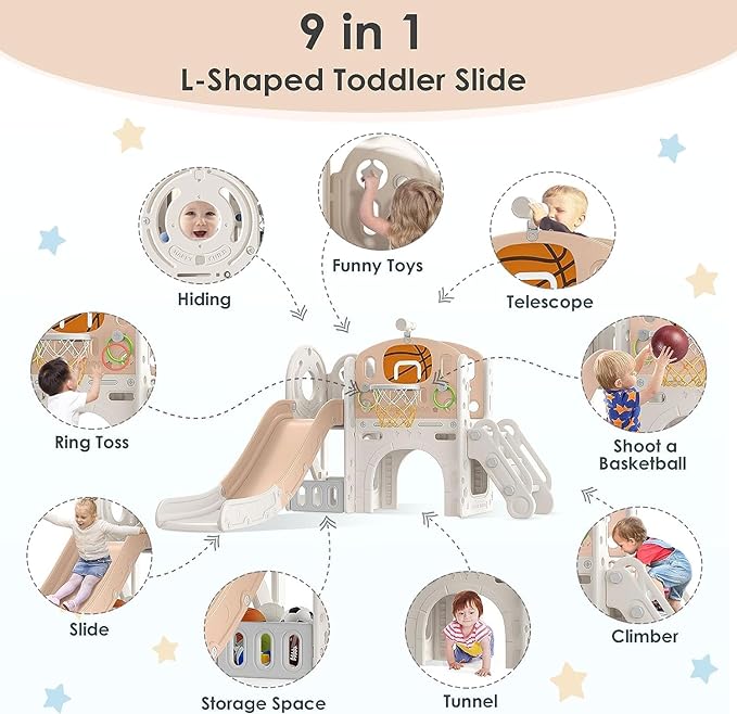 9 in 1 Toddler Slide, Kid Slide for Toddlers Age 1-3 with Ring Toss