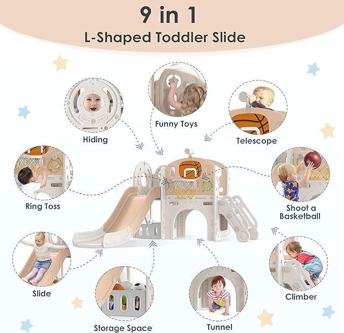 9 in 1 Toddler Slide, Kid Slide for Toddlers Age 1-3 with Ring Toss