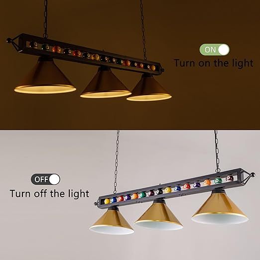 Pool Table Light,59”Billiards Lights for 7' 8' 9' Table, Hanging Over Pool Table Light with Gold Shade and Billiard Ball Decor
