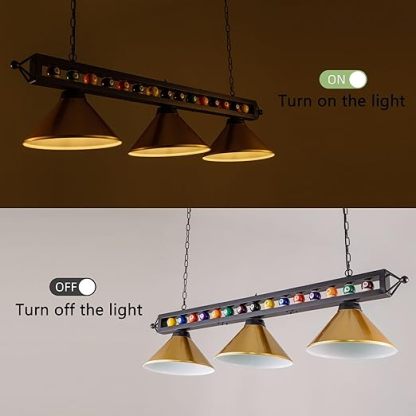 Pool Table Light,59”Billiards Lights for 7' 8' 9' Table, Hanging Over Pool Table Light with Gold Shade and Billiard Ball Decor