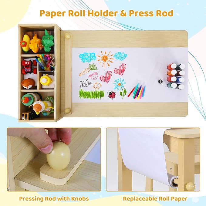 Toddler Craft Drawing Desk with Large Storage Shelves, 4 Storage Bins and Paper Roll