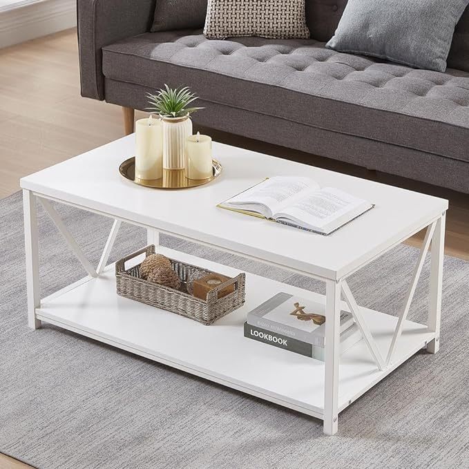 Rustic Coffee Table, Modern Living Room Table with Storage Shelf, White Oak