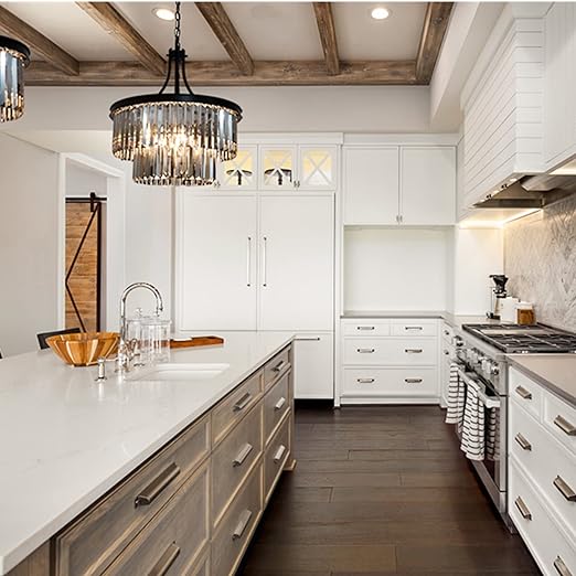 Modern Crystal Chandeliers,5 Light Farmhouse Chandelier for Dining Room,Hanging Light Fixture with Prism Crystal Shades,Black Pendant Lights for Living Room,Kitchen,Bedroom,Entryway,D-19.68''