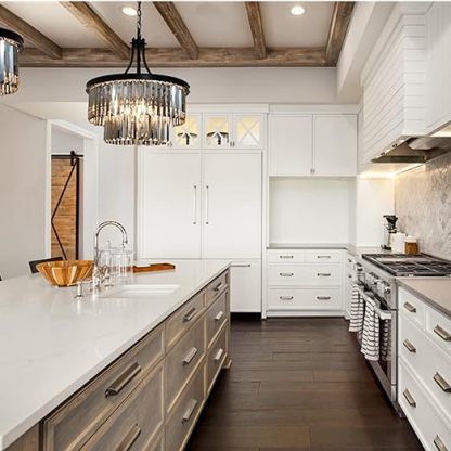 Modern Crystal Chandeliers,5 Light Farmhouse Chandelier for Dining Room,Hanging Light Fixture with Prism Crystal Shades,Black Pendant Lights for Living Room,Kitchen,Bedroom,Entryway,D-19.68''