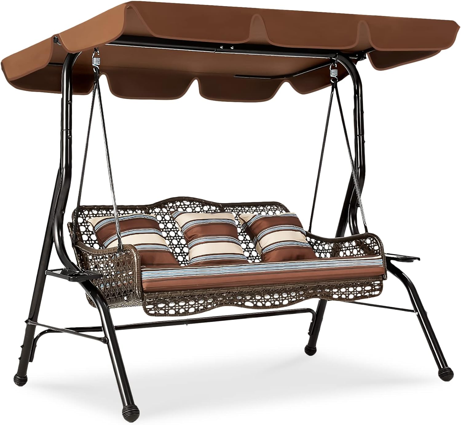 3-Seat Outdoor Patio Swing Chair, Large Converting Canopy Porch Swing Glider, Hammock Lounge Chair for Porch, Rattan Wicker Steel Frame Cushion & Pillow, Brown